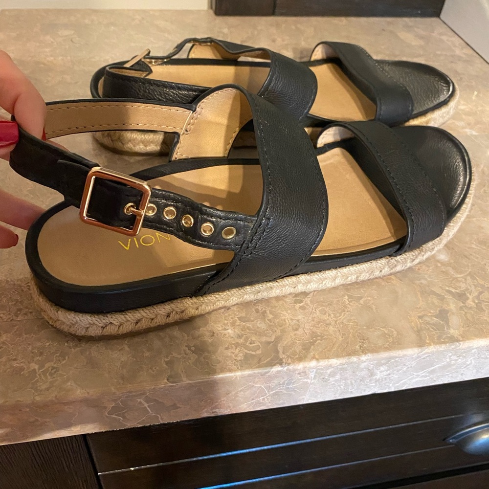 Vionic Black Leather Sandals with Tan Sole